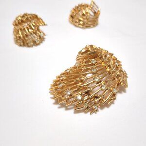 Vintage Carnegie Gold-Tone Clip-On Earrings and Brooch Set
